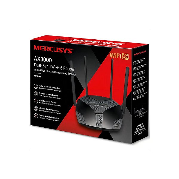 ROTEADOR MERCUSYS GIGABIT DUAL BAND 2.4 5GHz AX 3000 WI-FI 6 EASY MESH MR80X