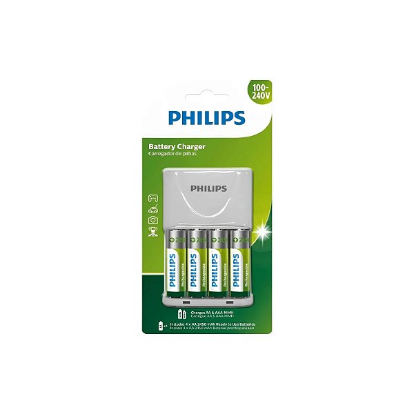 CARREGADOR COM PILHAS PHILIPS COM 4 AA 2450MAH SCB2445NB/97