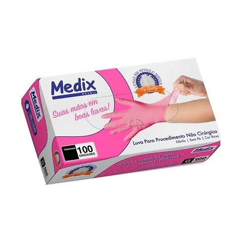 Luva Medix Nitrilica Uso Geral Sem Pó Com 100 Rosa - M