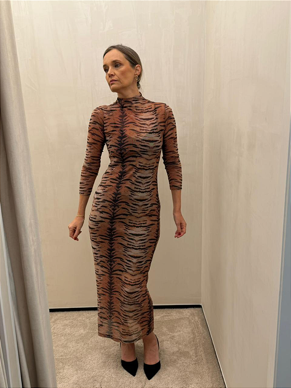 Vestido Longo Tule Tigre Com Combinação