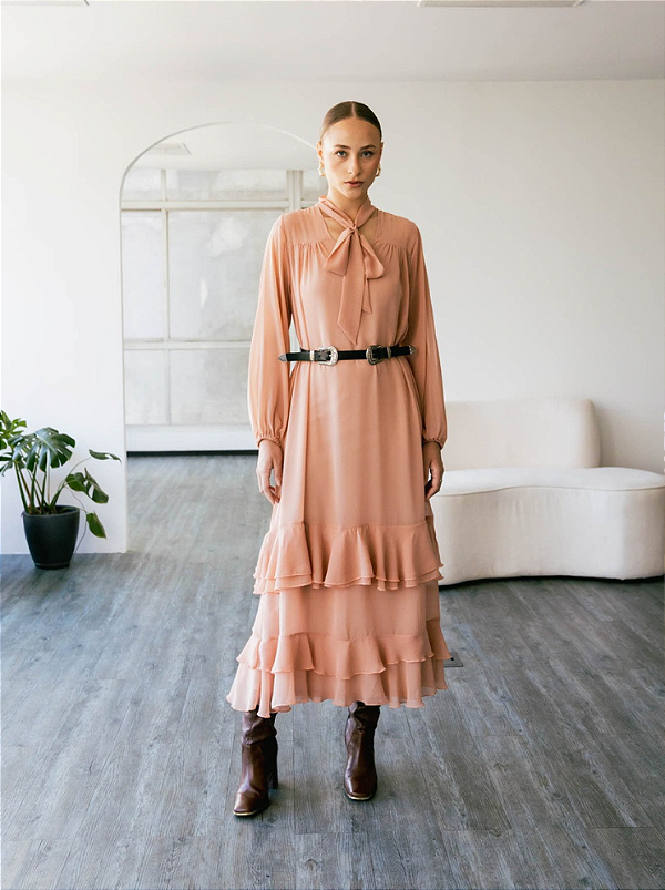 Vestido Longo Com Babados Chiffon