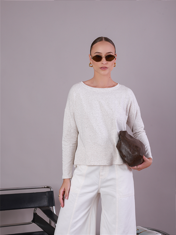 Blusa Malha Manga Longa Decote Canoa