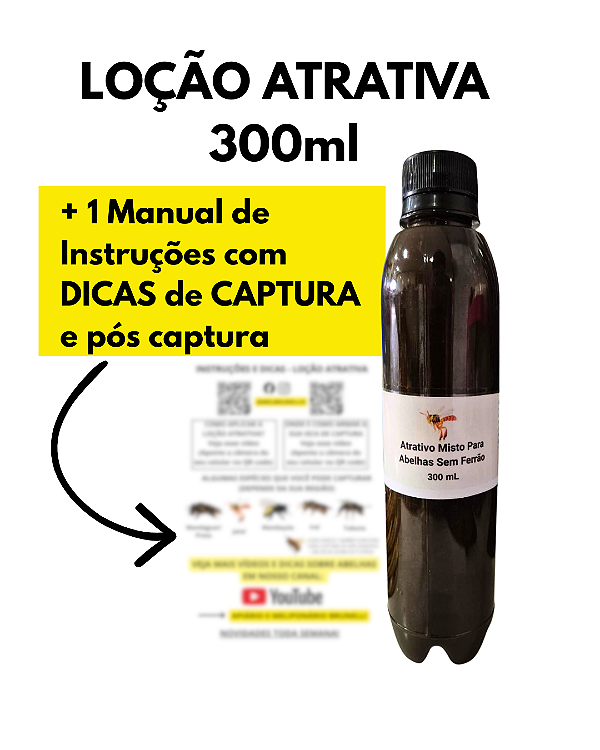 Loção Atrativa 300ml + MANUAL para Captura de Abelhas Sem Ferrão -Enxames - Feromônio de abelhas
