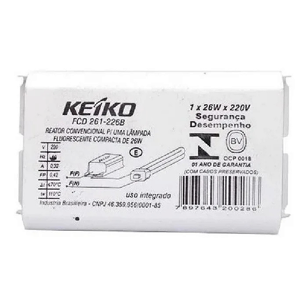 Reator convencional 1 x 26w 2p 220v keiko fcd 261-226b