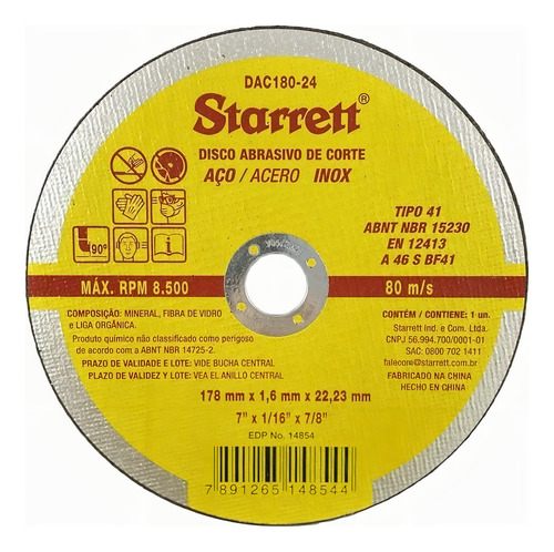 Corte Dac18024 Disco Amarelo 180 Mm Unidade Starret