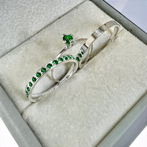 Aliança de Prata 950 Cravejada Brilho Eterno ZYRAH GREENN Com Anel Solitário de Brinde Aliança só Love