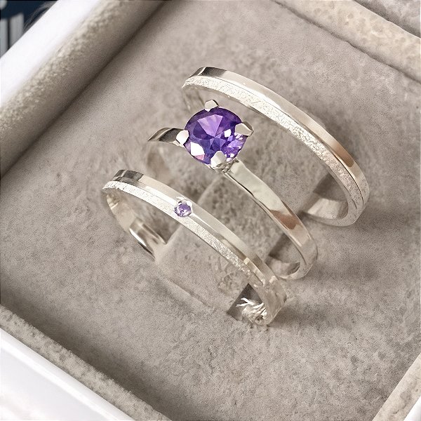 Aliança de Prata 950 Cravejada Brilho Eterno Celinea com Anel Solitário brinde Aliança Só Love