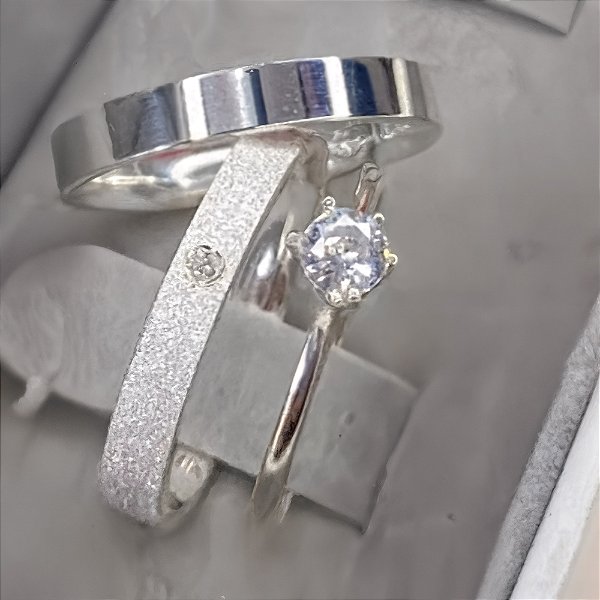 Aliança de Prata 950 Cravejada Brilho Eterno Darelle White Com Anel Solitário de Brinde Aliança só Love