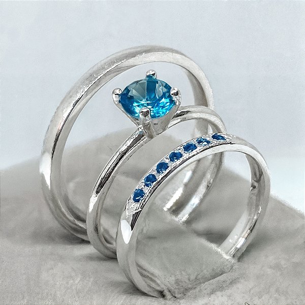 Aliança de Prata 950 Cravejada Brilho Eterno ELANDRA BLUE Com Anel Solitário de Brinde Aliança só Love