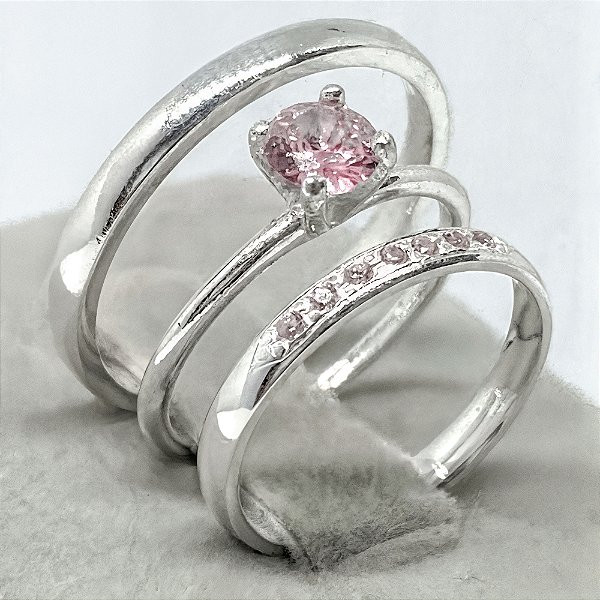 Aliança de Prata 950 Cravejada Brilho Eterno ELANDRA PINK Com Anel Solitário de Brinde Aliança só Love