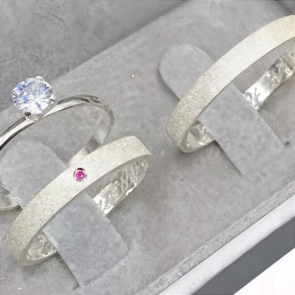 Aliança de Prata 950 Cravejada Brilho Eterno ELISSE Com Anel Solitário de Brinde Aliança só Love
