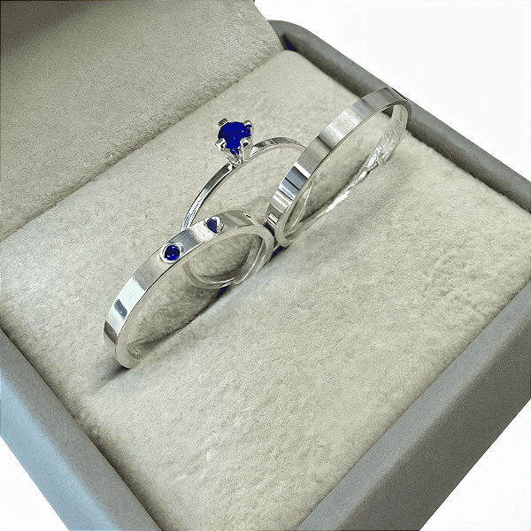 Aliança de Prata 950 Tradicional Essência SOLENNE BLUE Com Anel Solitário de Brinde Aliança só Love