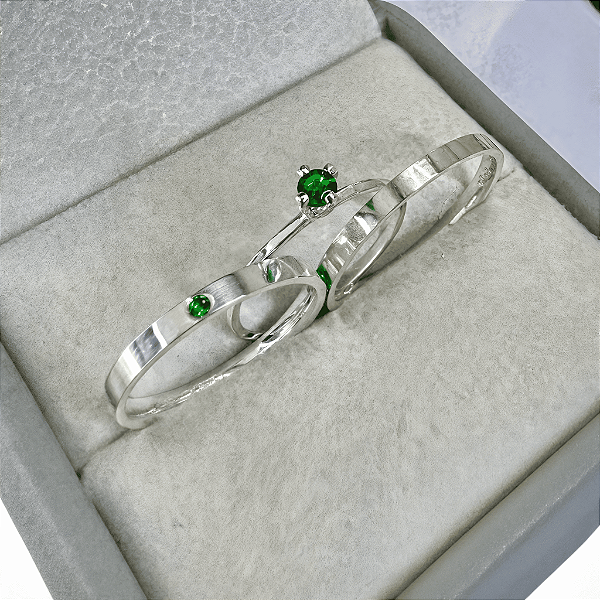 Aliança de Prata 950 Tradicional Essência SOLENNE GREEN Com Anel Solitário de Brinde Aliança só Love