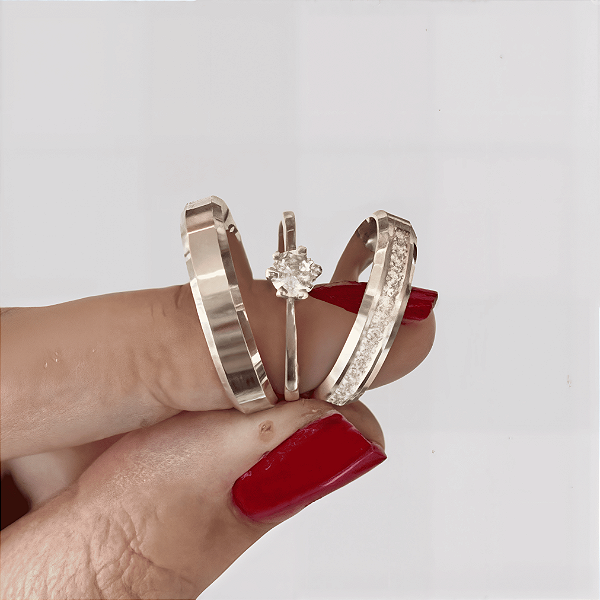 Aliança de Prata 950 Cravejada com Zircônias – Brilho Eterno Elyra Com Anel Solitário de Brinde Aliança só Love