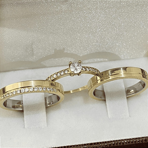 Aliança de Moeda Antiga 3mm Bella eterno Com Anel Solitário de Brinde Aliança só Love
