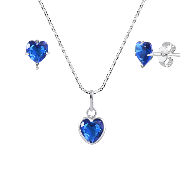 Conjunto de Prata 925 Ponto de Luz Coração Azul – Elegância e Charme Feminino | Alianças Só Love