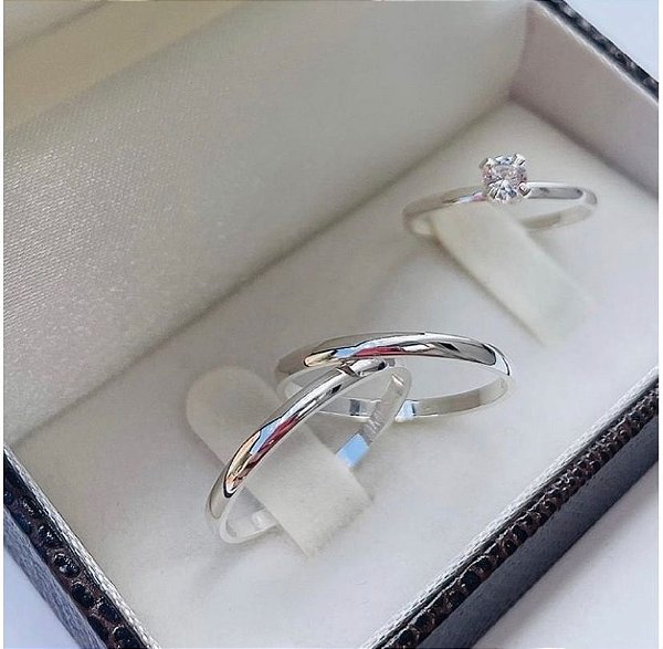 Aliança de Prata 950 Tradicional Essência Isadora 2mm Com Anel Solitário de Brinde Aliança só Love