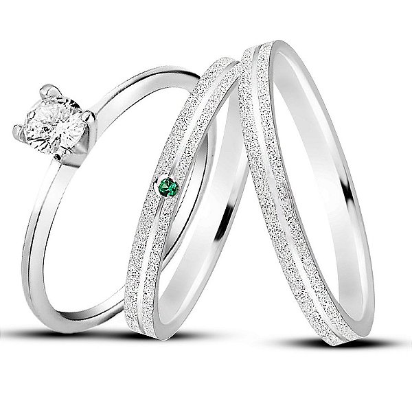 Aliança de Prata 950 Cravejada  Brilho Eterno Elina Com Anel Solitário de Brinde Aliança só Love