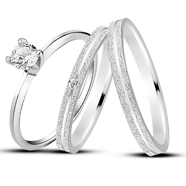 Aliança de Prata 950 Cravejada Brilho Eterno Elina 2mm Com Anel Solitário de Brinde Aliança só Love
