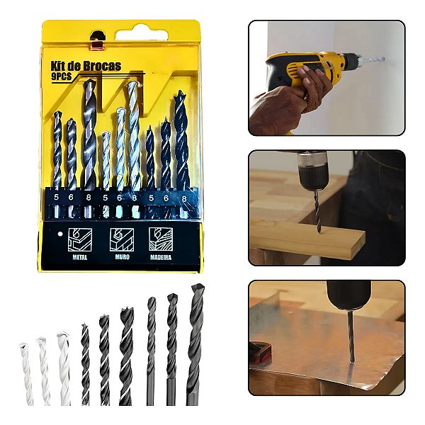 Kit Brocas Furadeira 9 Peças Metal Madeira Parede Alvenaria 5mm 6mm 8mm Alta Resistência Com Estojo