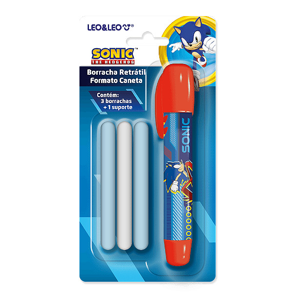 KIT BORRACHA RETRATIL FORMATO CANETA SONIC - BLISTER C/ 1 SUPORTE E 3 BORRACHAS - LEO&LEO