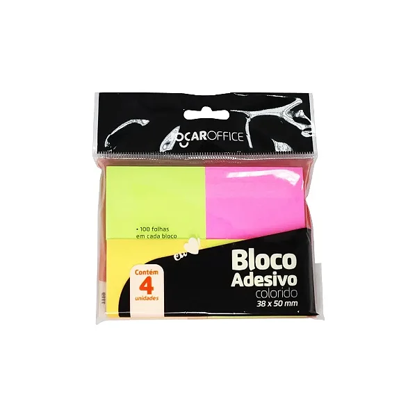BLOCO ADESIVO COLORIDO NEON 38MMX50MM C/ 4 CORES C/ 100 FOLHAS CADA - JOCAR OFFICE