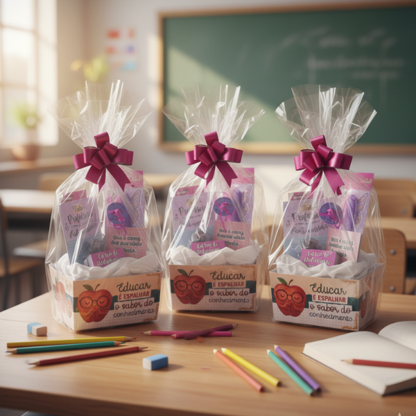 KIT DIA DOS PROFESSORES: CAIXINHA CHAVEIRO + MARCA TEXTO + CARIMBO