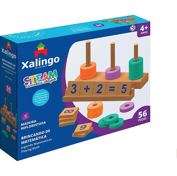 BRINQUEDO PEDAGOGICO MADEIRA STEAM BRINCANDO DE MATEMATICA 56 PECAS - XALINGO