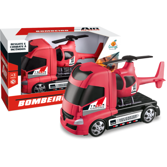 CAMINHAO PLATAFORMA COM HELICOPTERO BOMBEIRO 29CM - ORANGE TOYS