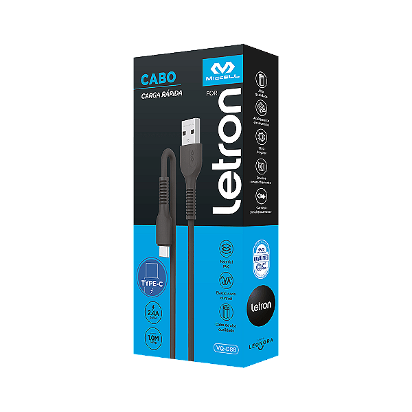 CABO USB TIPO C PRETO 1M PVC - VQ-D88 - LETRON
