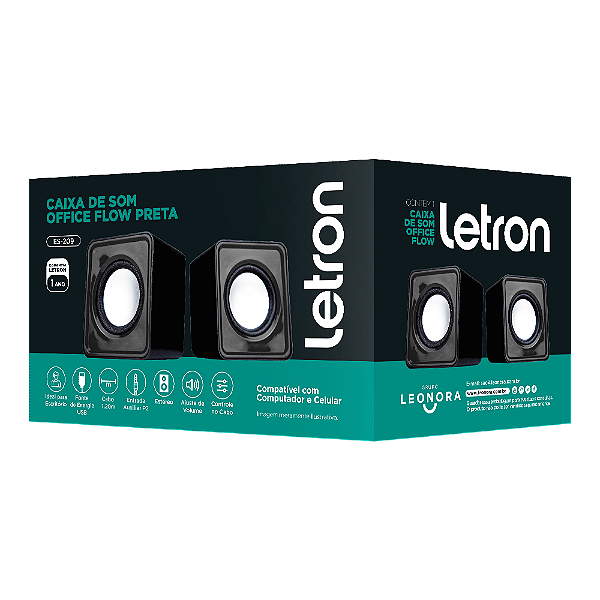 CAIXA DE SOM OFFICE FLOW PRETO ESTEREO ALTO FALANTE USB - LETRON