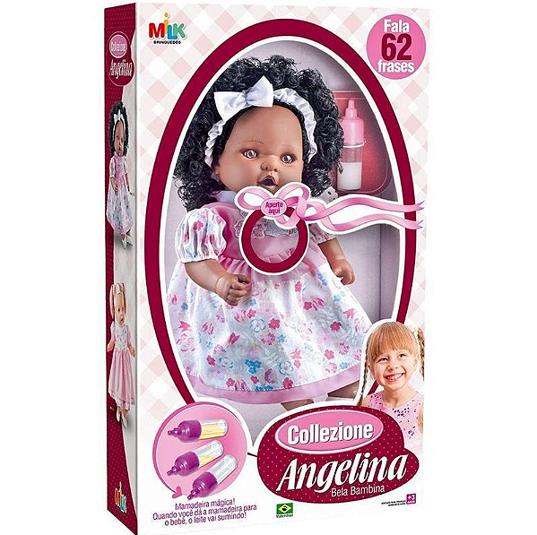 BONECA COM MECANISMO ANGELINA NEGRA 62 FRASES 48CM - MILK BRINQUEDOS