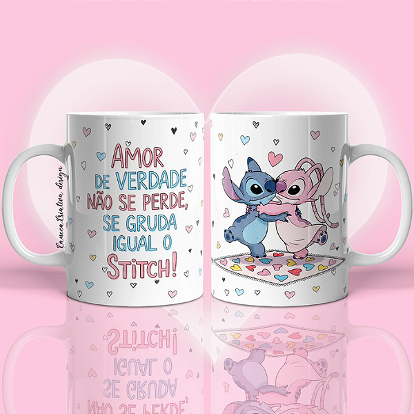 CANECA DE LOUÇA AMOR DE VERDADE NÃO SE PERDE SE GRUDA IGUAL STITCH PERSONALIZADO