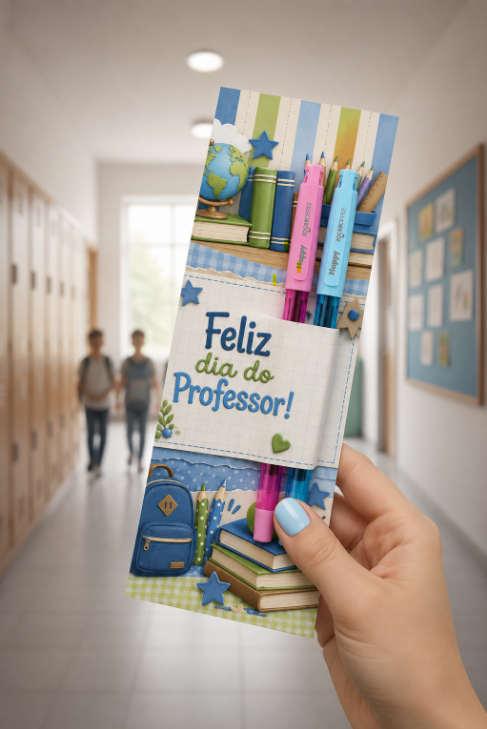 KIT DIA DOS PROFESSORES: 2 CANETAS GEL ART HAPPY + CARTÃO FELIZ DIA DO PROFESSOR