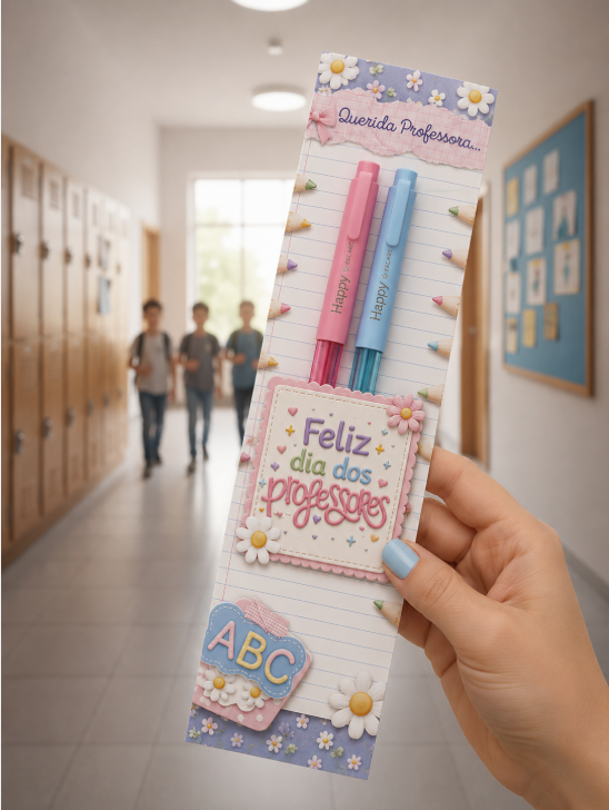 KIT DIA DOS PROFESSORES: 2 CANETAS GEL ART HAPPY + CARTÃO QUERIDA PROFESSORA
