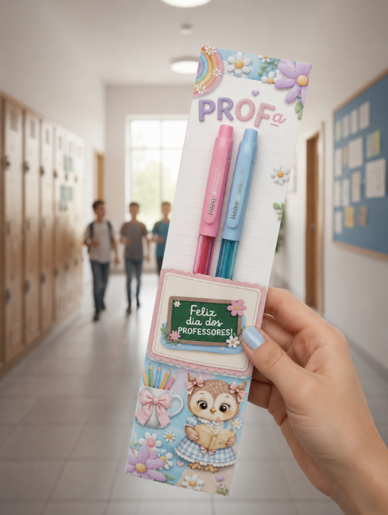 KIT DIA DOS PROFESSORES: 2 CANETAS GEL ART HAPPY + CARTÃO CORUJINHA