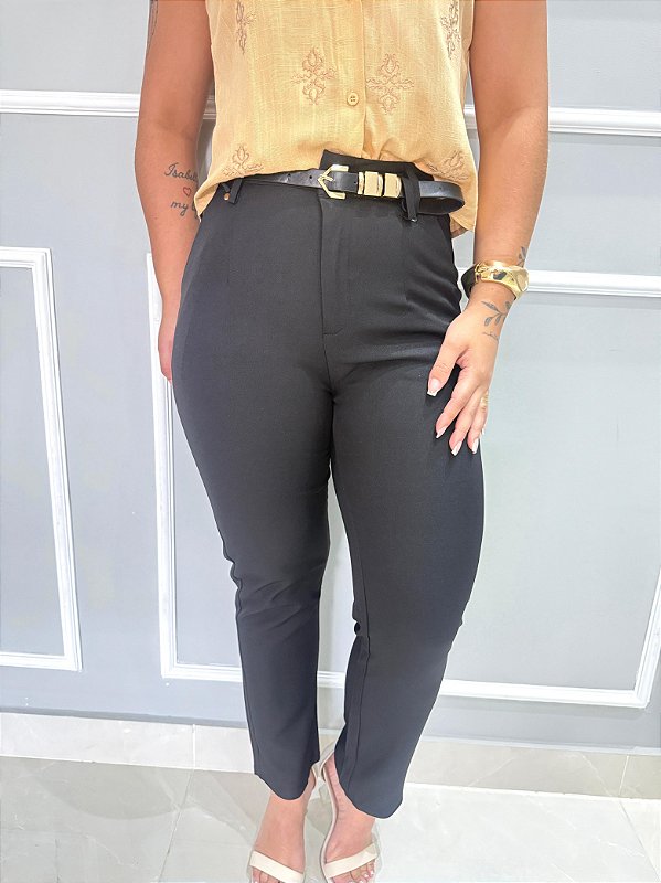 Calça Alfaiataria, cós duplo, cinto fivela dourada