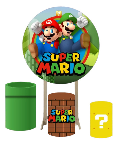 Capa Painel Redondo Mario Bros 1,5m + Capas Cilindros Tecido Sublimado