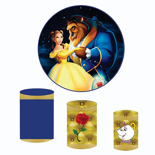 Kit Capas Festa Painel 1,5m + Trio Cilindros Bela e a Fera