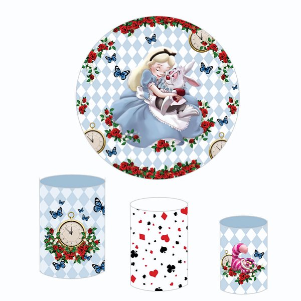 Kit Capas Festa Painel 1,5m + Trio Cilindros Alice no País das Maravilhas
