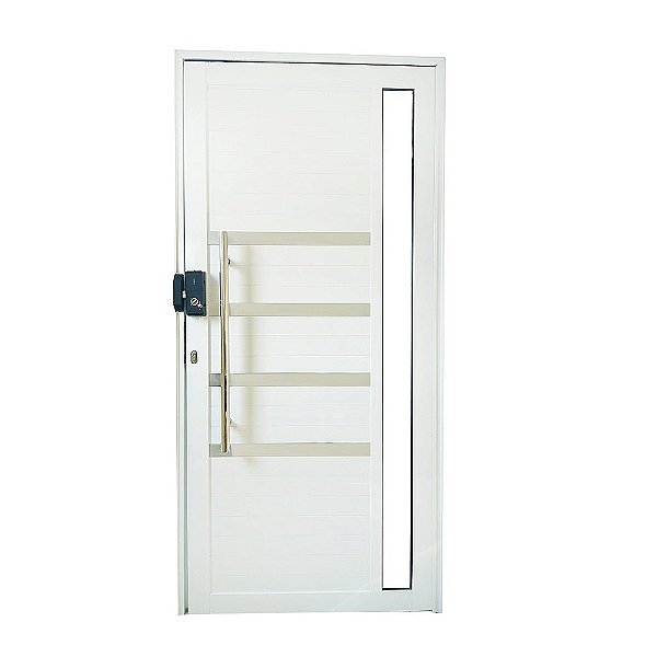 Porta Pivotante de Alumínio Branco Com Puxador, Friso e Visor com Fechadura Digital Linha 30