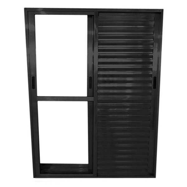 Porta De Alumínio de Correr Balcão 3 Folhas Móveis Preta Linha 25 Com Fechadura