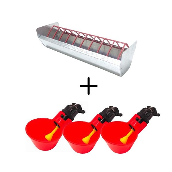 Kit Comedouro Calha 30cm + 3 Bebedouros Niple Copinho