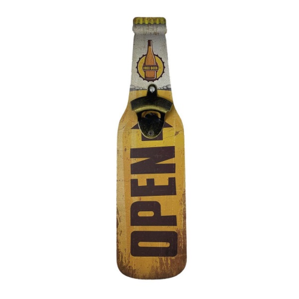 Placa Decorativa com Abridor de Garrafa Open Beer 11x40cm