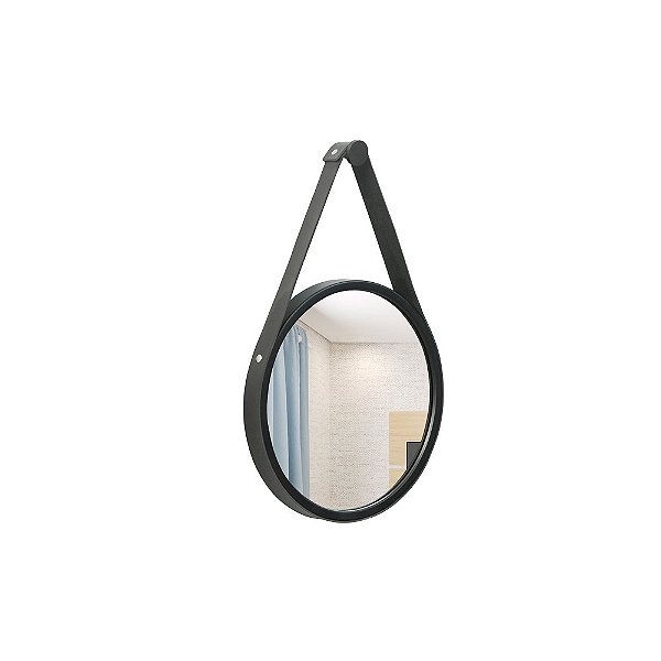 Espelho Decorativo Adnet Aro Preto com Alça Preta 30cm de Diâmetro