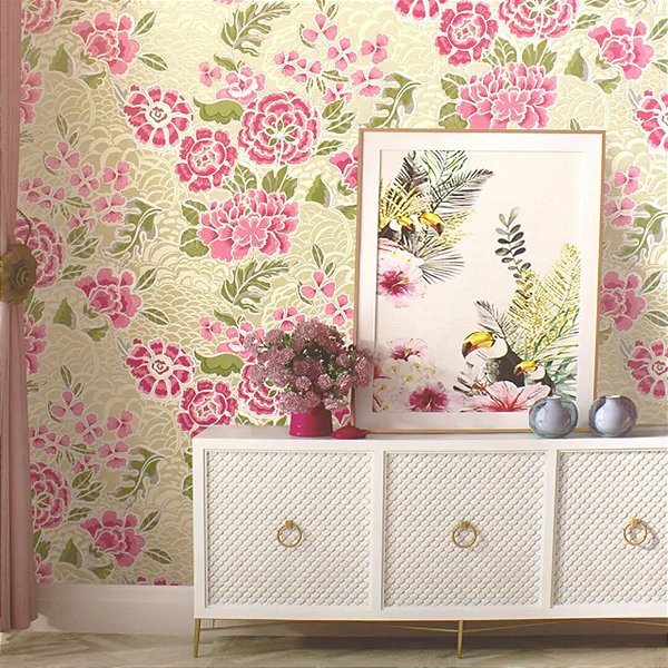 Papel de Parede Floral Rosa e Bege Claro - Coleção Grace 4 Kantai