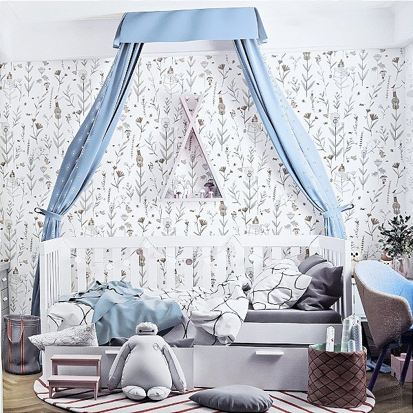 Papel de Parede Infantil Jardim Encantado Cinza com Bege - Coleção Yoyo 2 Kantai