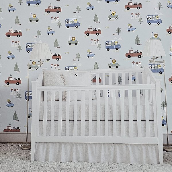 Papel de Parede Infantil Bichinhos e Carros Azul Claro - Coleção Yoyo 2 Kantai