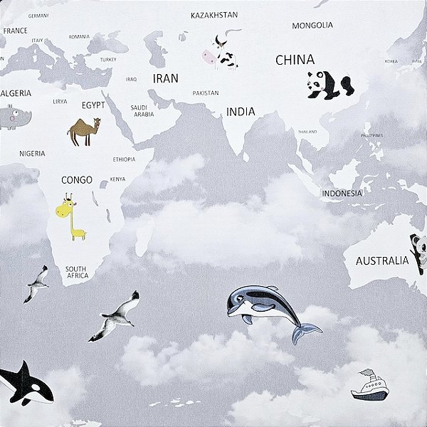 Papel de Parede Infantil Mapa Mundi Cinza - Coleção Yoyo 2 Kantai