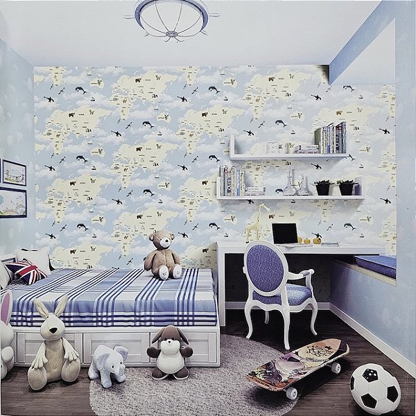 Papel de Parede Infantil Mapa Mundi Azul - Coleção Yoyo 2 Kantai